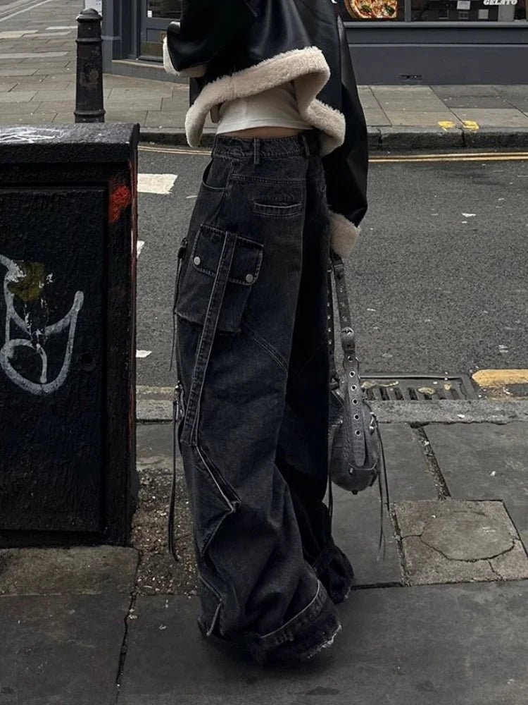 Women’s Punk Y2K Washed Black Cargo Jeans – Wide-Leg Baggy Streetwear Pants with Pockets