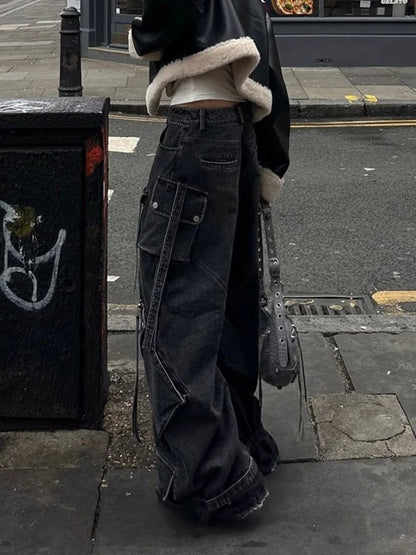 Women’s Punk Y2K Washed Black Cargo Jeans – Wide-Leg Baggy Streetwear Pants with Pockets