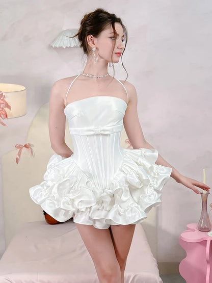 Women’s Pink White Lace-Up Two-Piece Set Sexy Sleeveless Bow Ruffle A-Line Elegant Set