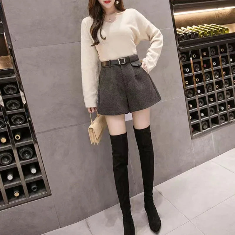 Women’s Woolen A-Line Shorts – High-Waisted Thick Winter Bootcut Casual Bottoms
