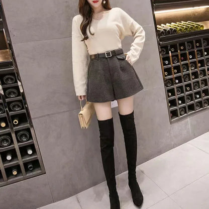 Women’s Woolen A-Line Shorts – High-Waisted Thick Winter Bootcut Casual Bottoms