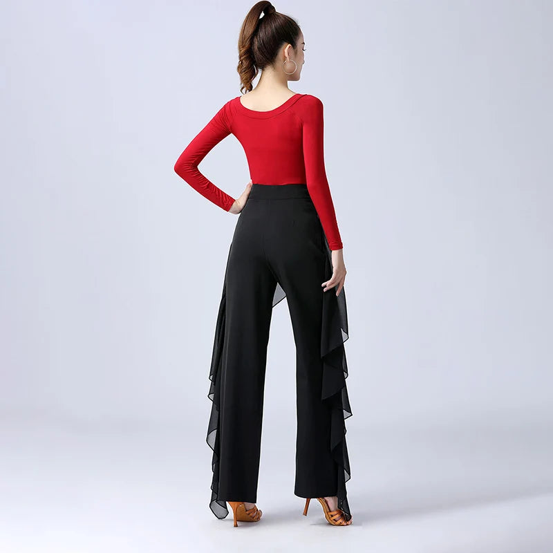 Women’s High-Waist Ruffle Dance Pants – Latin, Tango & Samba Performance Wide-Leg Trousers
