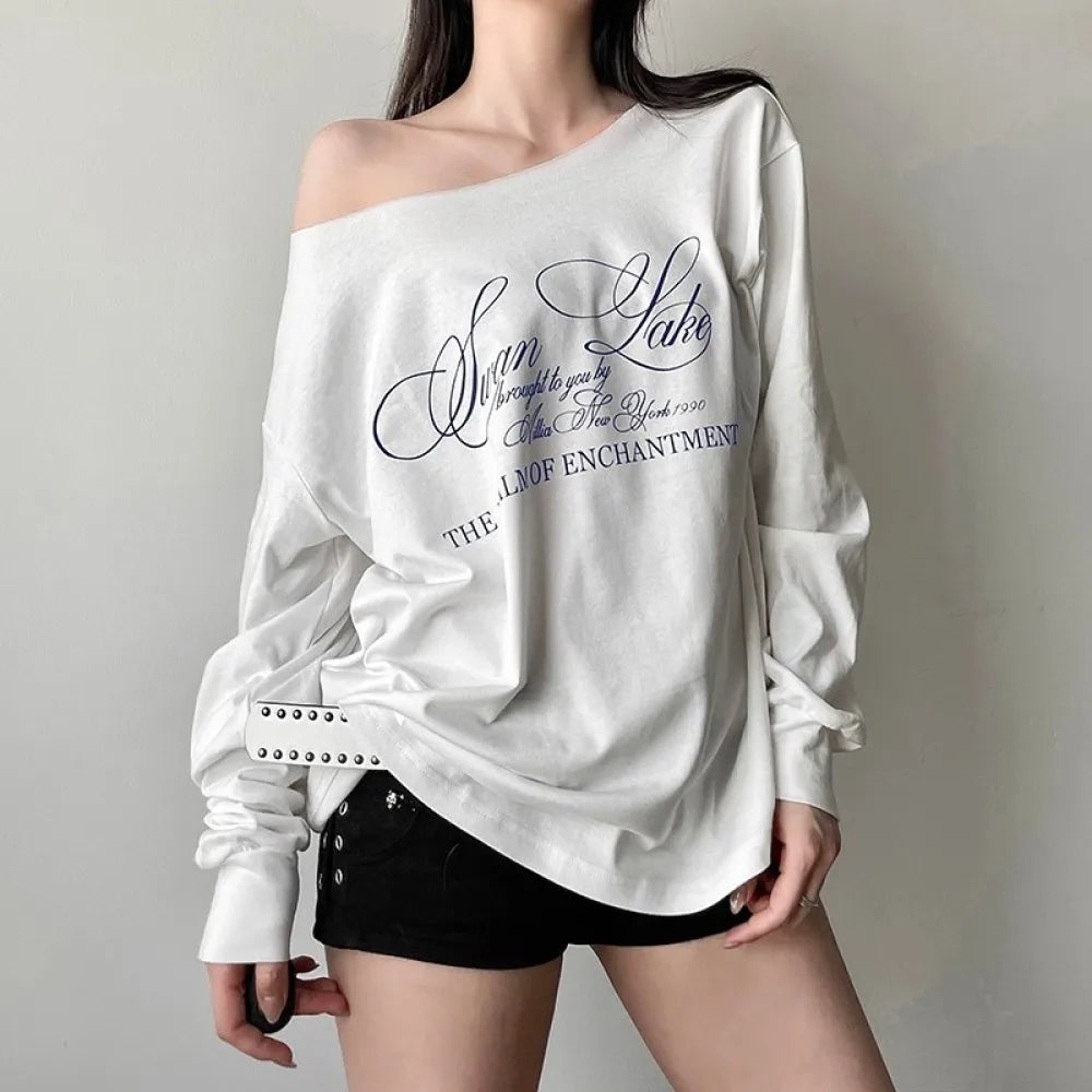 Women’s Asymmetrical Letter Print Strapless Long Sleeve Casual Top
