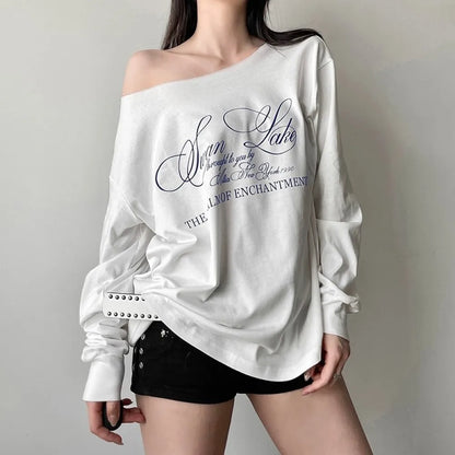 Women’s Asymmetrical Letter Print Strapless Long Sleeve Casual Top