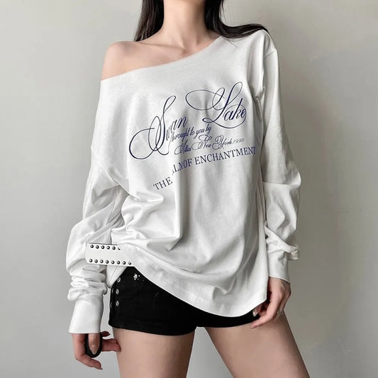 Women’s Asymmetrical Letter Print Strapless Long Sleeve Casual Top