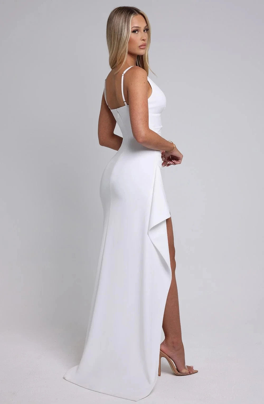 Women’s White Deep V-Neck Maxi Dress – Sexy Suspender High Slit Elegant Evening Gown