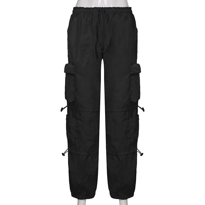 Women’s Cargo Street Pants Bottom – American Hip-Hop Style Multi-Pocket Workwear with Drawstring Elastic Waist and Loose Fit