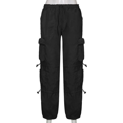 Women’s Cargo Street Pants Bottom – American Hip-Hop Style Multi-Pocket Workwear with Drawstring Elastic Waist and Loose Fit