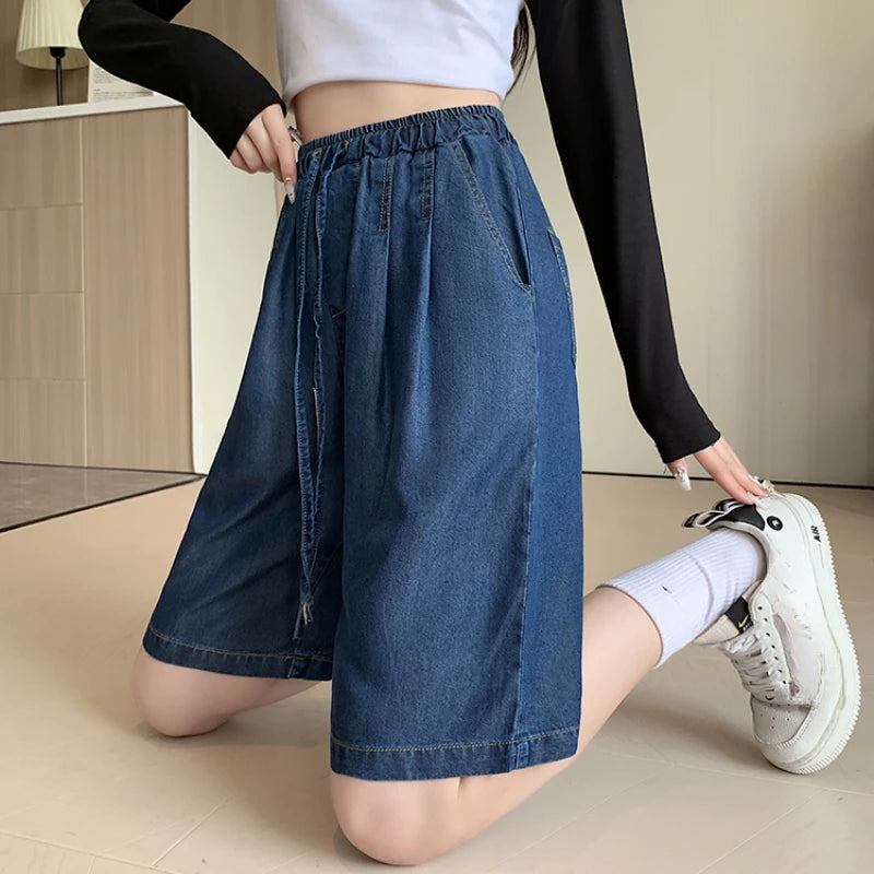 Women’s Denim Bermuda Bottom – High Waist Lace-Up Loose Wide Leg for Spring Summer