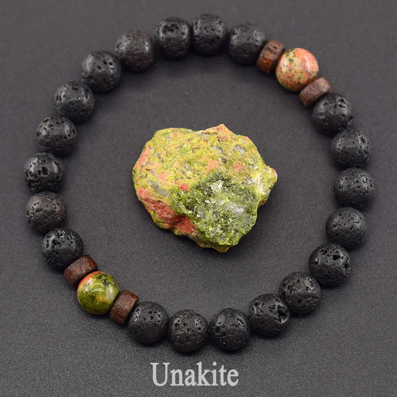 Men’s Tiger Eye & Lava Stone Bead Bracelet – Tibetan Buddha Elastic Wristband Jewelry