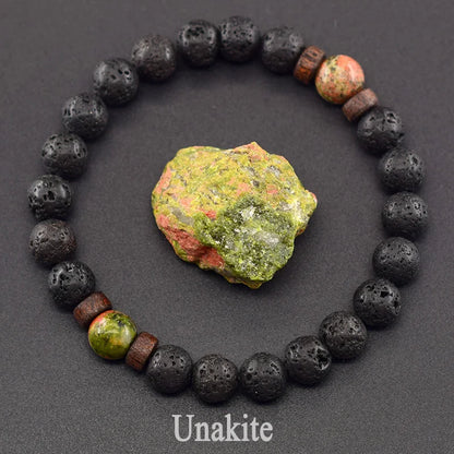 Men’s Tiger Eye & Lava Stone Bead Bracelet – Tibetan Buddha Elastic Wristband Jewelry