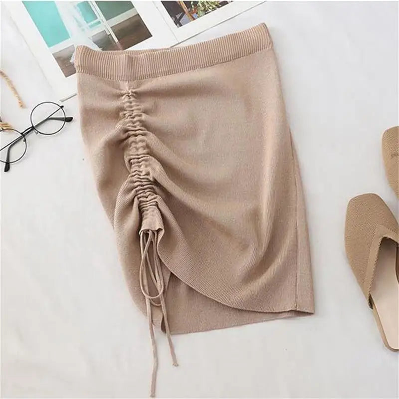 Women’s High Waist Knitted Mini Skirt – Stretch Side Drawstring Slim Fit Clubwear Bottom