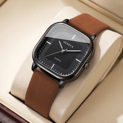 Men’s Square Dial Luxury Watch – Minimalist Leather Strap Business Casual Wristwatch