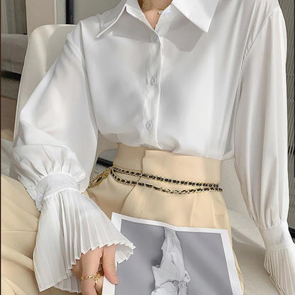 Women’s Flare Sleeve Button-Up Shirt Top – Elegant Office Blouse Fall Fashion