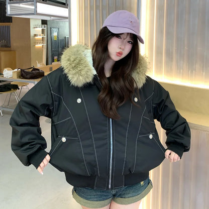 Women’s Fur Collar Jacket Outerwear – Short Hooded Retro Jacket