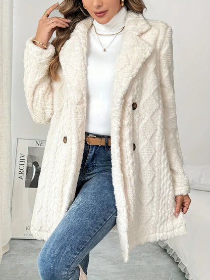 Women’s White Plush Warm Outerwear – Thick Soft Winter Coat with Long Sleeves
