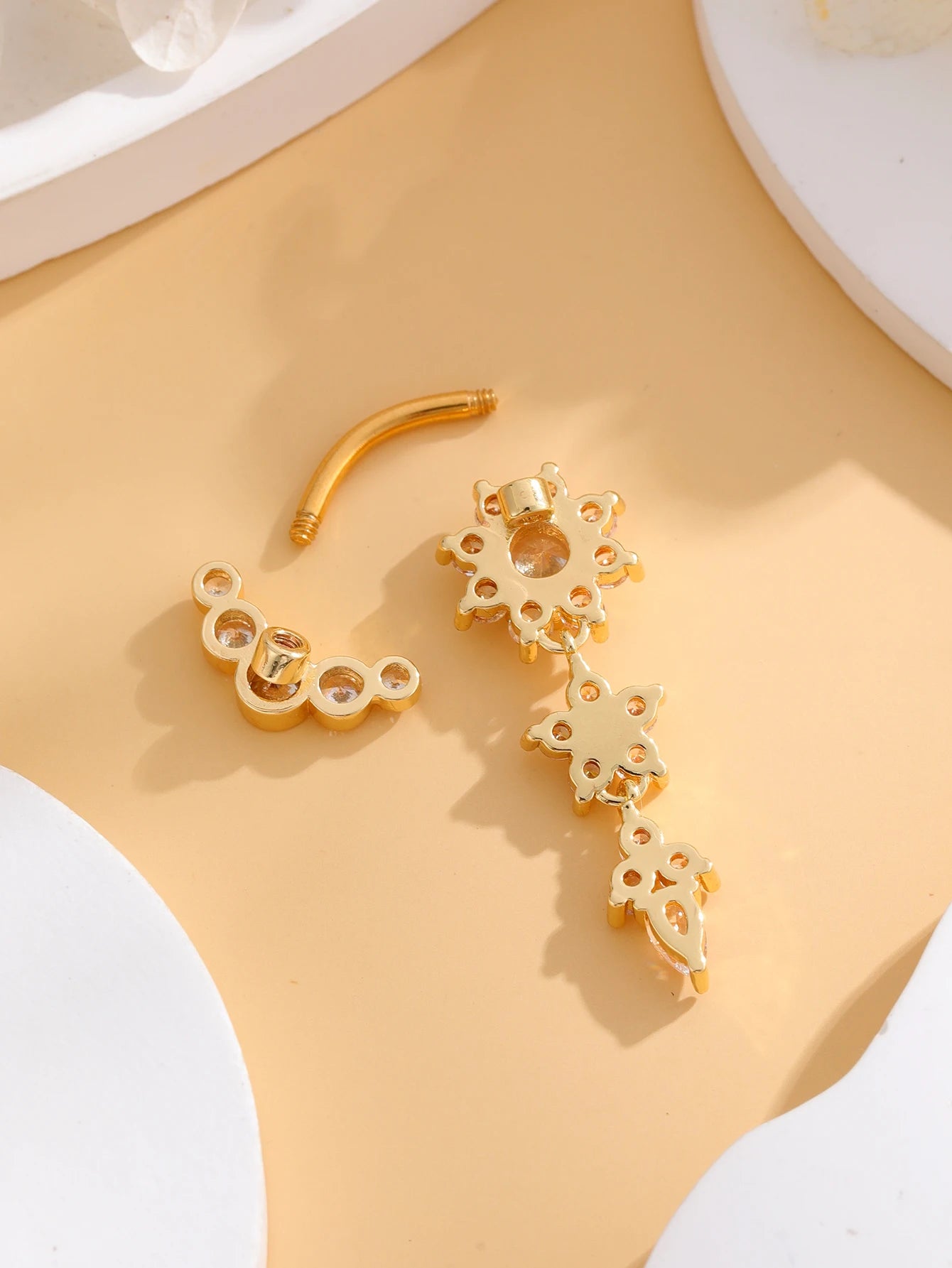 Women’s Gold Stainless Steel Belly Button – Long Dangle Flower CZ Crystal Navel Piercing Jewelry