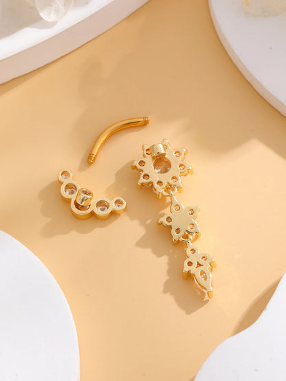 Women’s Gold Stainless Steel Belly Button – Long Dangle Flower CZ Crystal Navel Piercing Jewelry