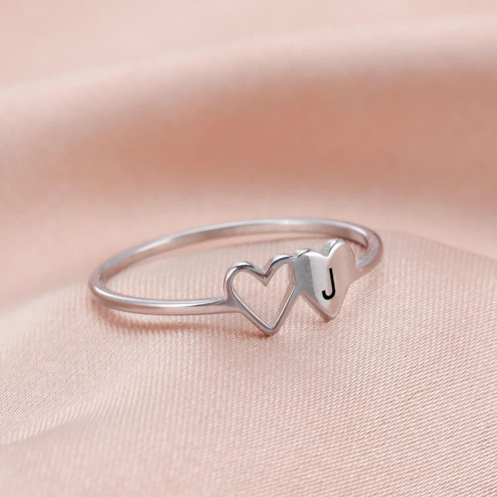 Women’s Stainless Steel Initial Ring – A–Z Alphabet Double Heart Design Jewelry