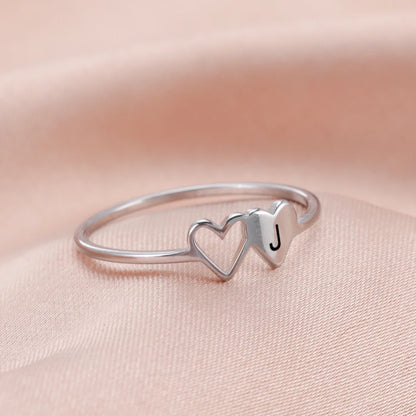 Women’s Stainless Steel Initial Ring – A–Z Alphabet Double Heart Design Jewelry