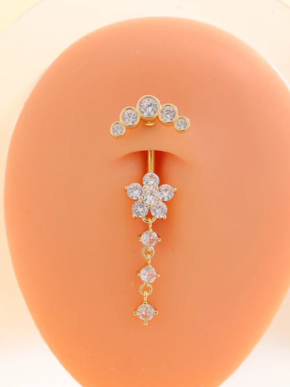 Women’s Gold Stainless Steel Belly Button – Long Dangle Flower CZ Crystal Navel Piercing Jewelry