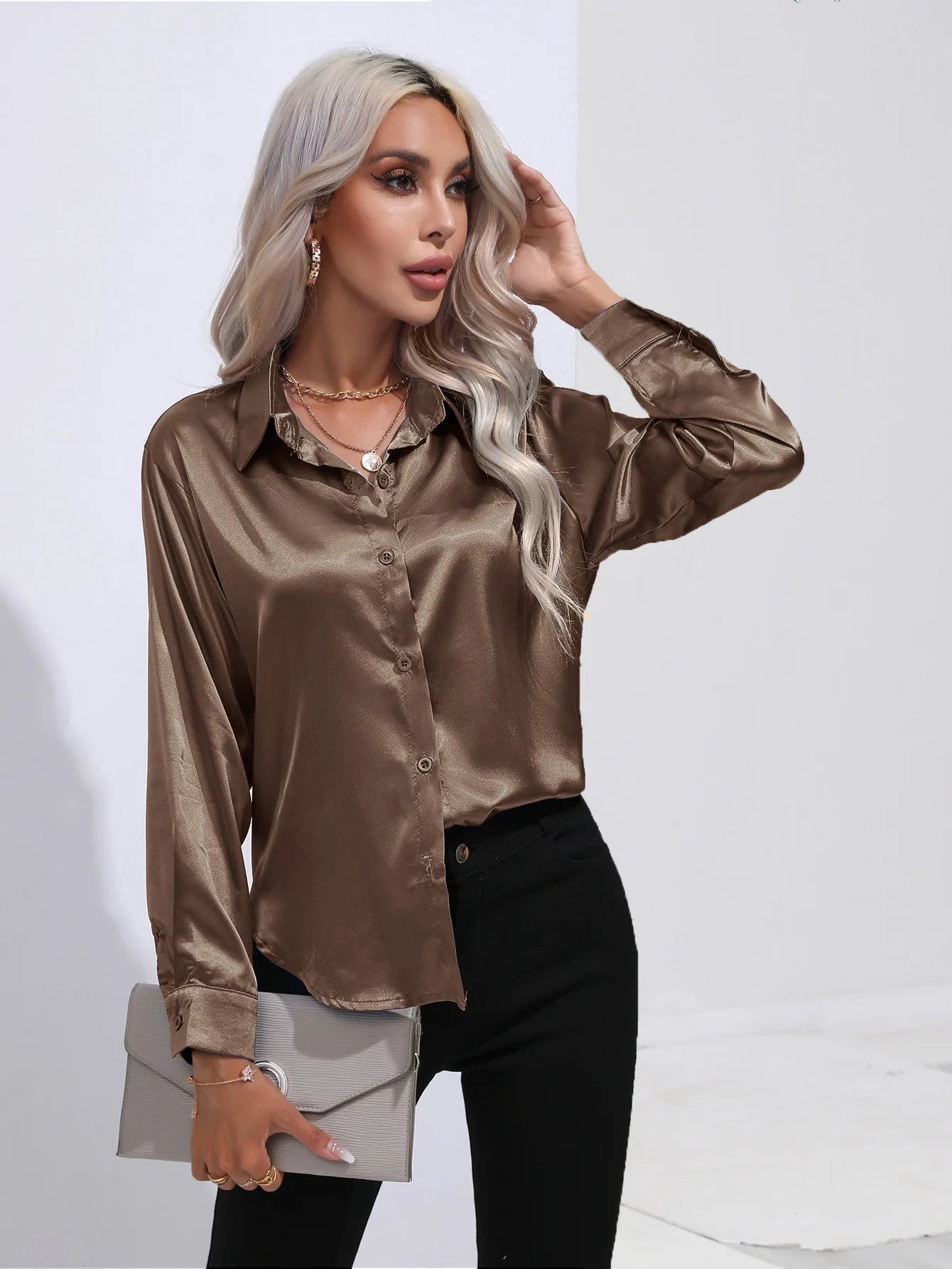 Women’s Satin Imitation Silk Shirt | Long Sleeve Lapel Office Top | Elegant Solid Blouse