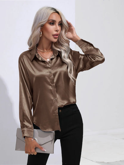 Women’s Satin Imitation Silk Shirt | Long Sleeve Lapel Office Top | Elegant Solid Blouse