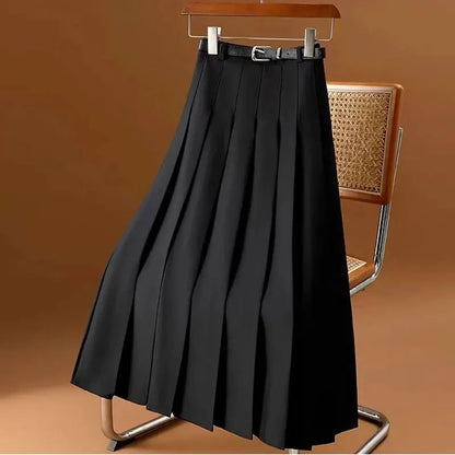 Women’s Gray High Waist A-Line Skirt Bottom – Solid Folded Office Casual Mid-Calf Loose Skirt