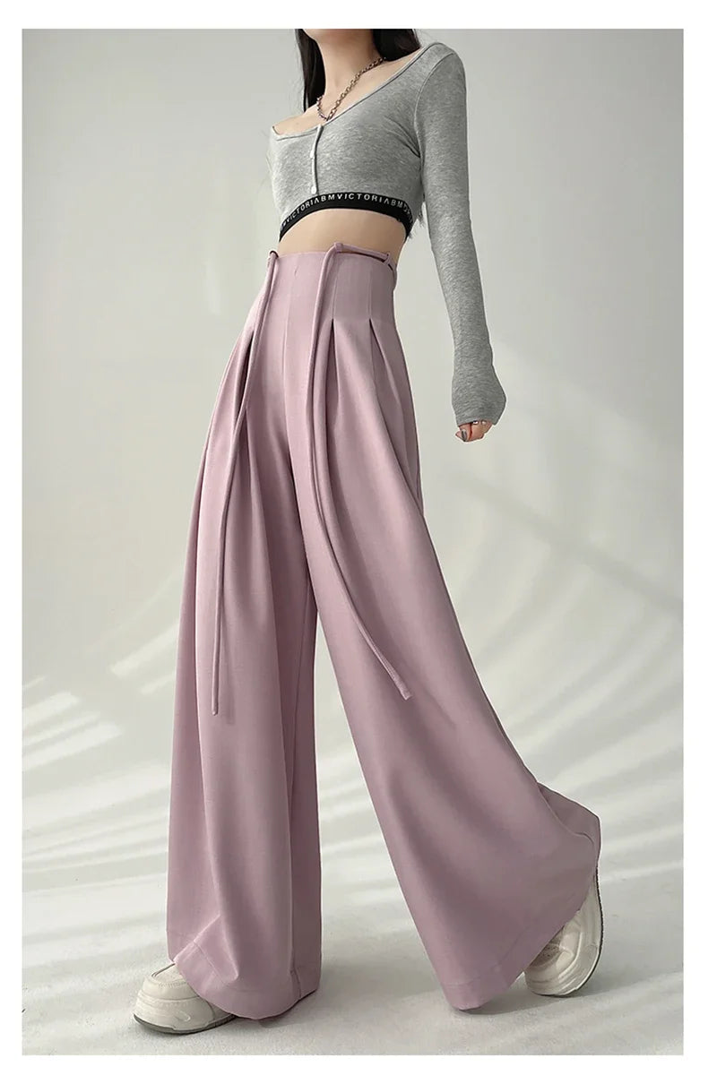 Women’s Streetwear Wide Leg Pants Bottom – Korean High Waist Lace-Up Suit Trousers, Elegant Black Summer Fashion