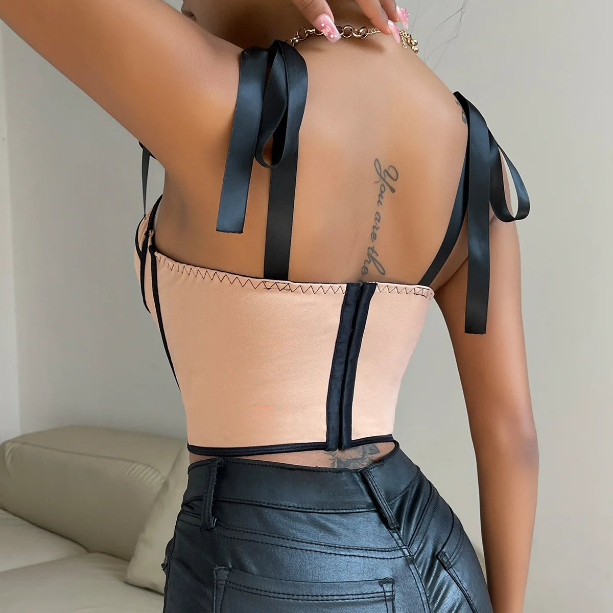 Women’s Strap Crop Top | Sexy Patchwork Stripe Fishbone Corset Top Y2K Style