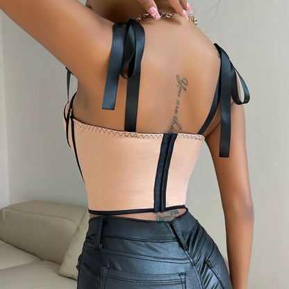 Women’s Strap Crop Top | Sexy Patchwork Stripe Fishbone Corset Top Y2K Style