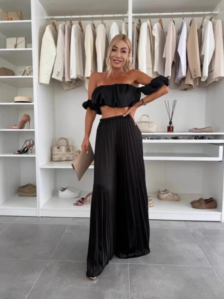 Women’s Elegant Strapless Set | Summer Fashion Solid Color Foldable Elastic Suit