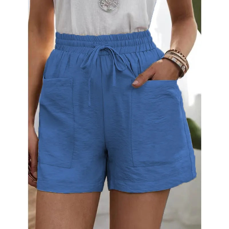 Women’s Loose Linen Shorts Bottom – High Waist Wide Leg Solid Color Casual Summer Bermuda with Pockets