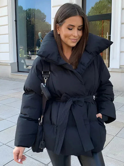 Women’s Cotton Outerwear – Short Lace-Up Warm Puffer Jacket