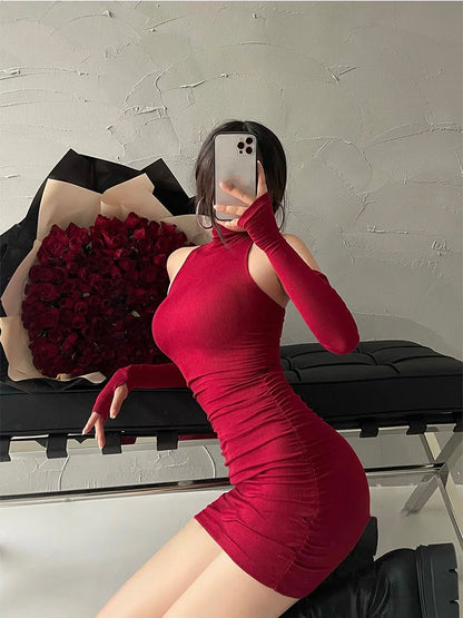 Women’s Shiny Pleated Mini Dress – High Neck Elastic Party Dress