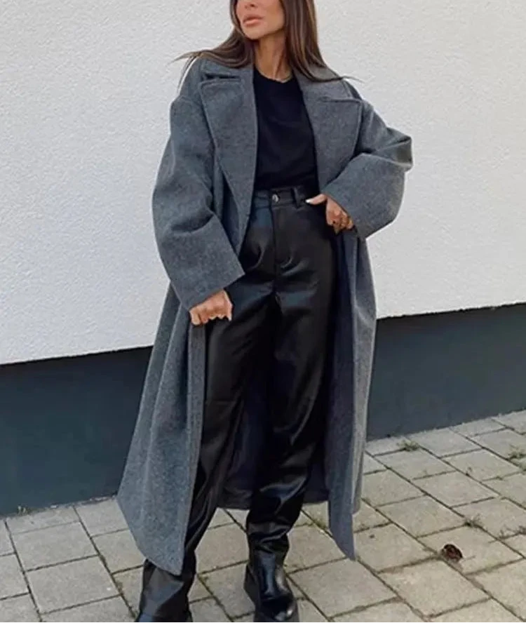 Women’s Solid Lapel Double Breasted Winter Long Coat | Elegant Streetwear Outerwear