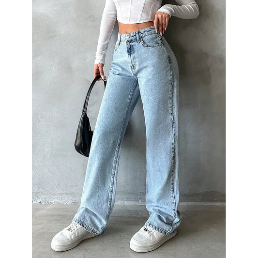 Women’s Wide Leg Jeans – High Waist Vintage Washed Denim Pants Bottom