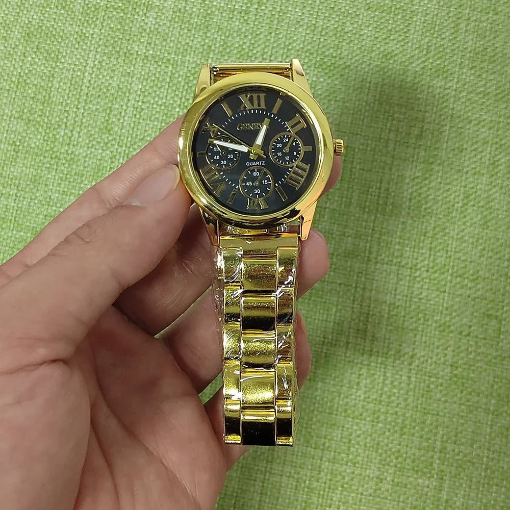 Men’s Light Luxury Watch – Gold Stainless Steel Wristwatch with 3-Eye Dial