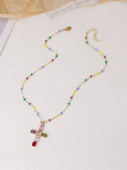 Women’s Jewelry Zircon Cross Pendant Necklace | Elegant | Gold Tone | Long Chain
