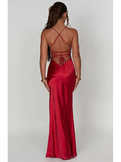 Women’s Satin Spaghetti Strap Dress – Elegant Backless Lace-Up Split Hem Long Party Maxi Dress