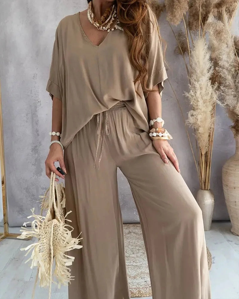 Women’s White V-Neck Bat Sleeve Set Casual Loose Lace Up Wide-Leg Pants Elegant Outfit