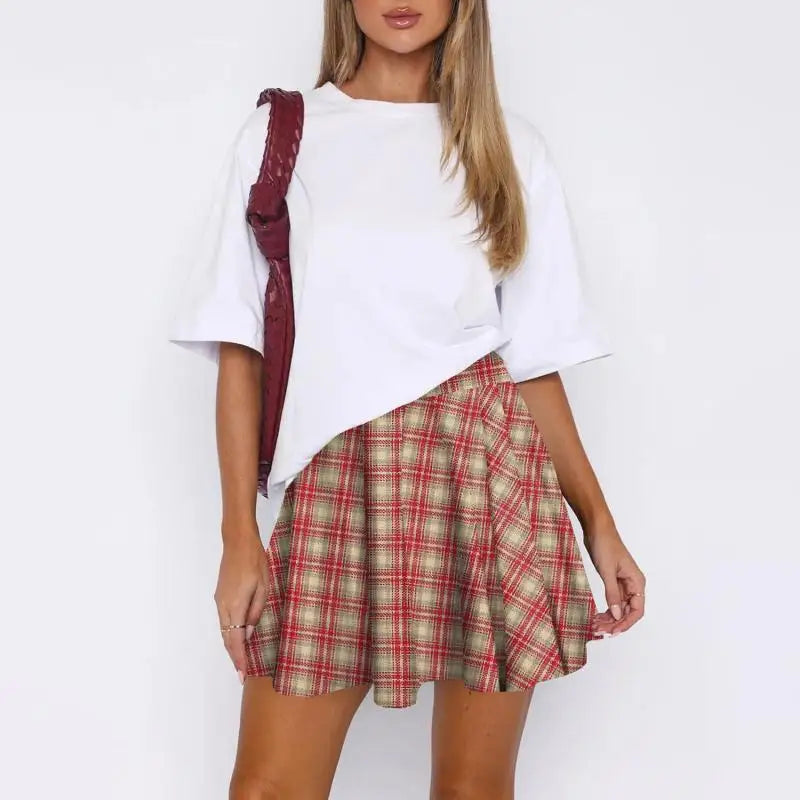 Women’s Retro Plaid Pleated Skirt Bottom – Y2K Vintage A-Line Mini School Uniform Style
