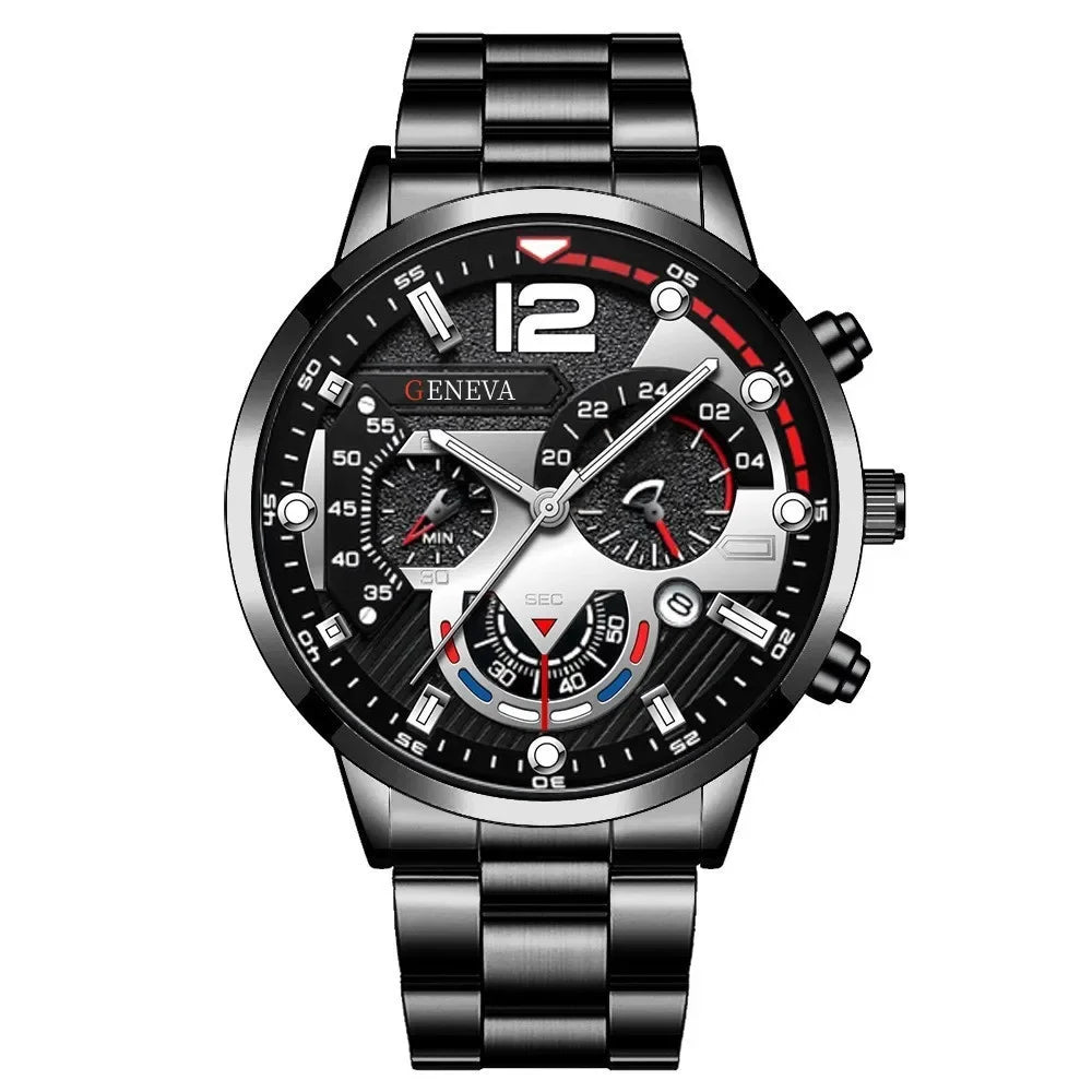 Men’s Luxury Quartz Watch Gift Jewelry Set – Gold Roman Calendar Wristwatch with Cross Necklace, Bracelet & Ring