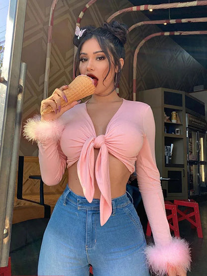 Women’s Long Sleeve Fur V-Neck Sexy Wrapped Bandage Crop Top | Autumn Winter Streetwear Club Party Top
