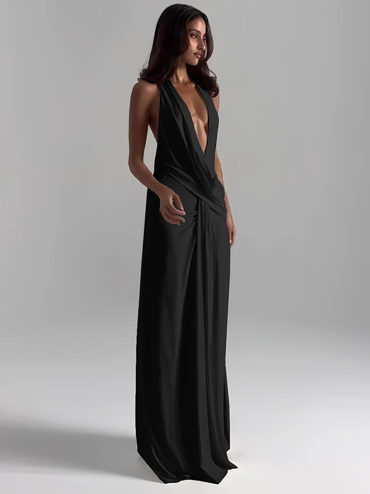 Women’s Halter Maxi Dress | Deep V Neck | Backless | High Split