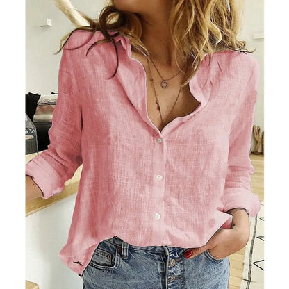 Women’s Korean Fashion Cotton Linen Shirt – Blue & Pink V-Neck Long Sleeve Summer Blouse