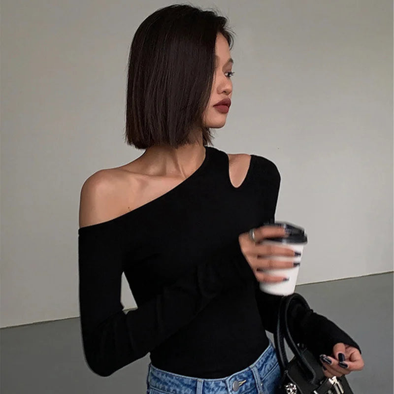 Women’s Fashion Skew Collar Off-Shoulder Long Sleeve Crop Top | Slim Fit Sexy Hollow Out Tee | Spring Solid Top