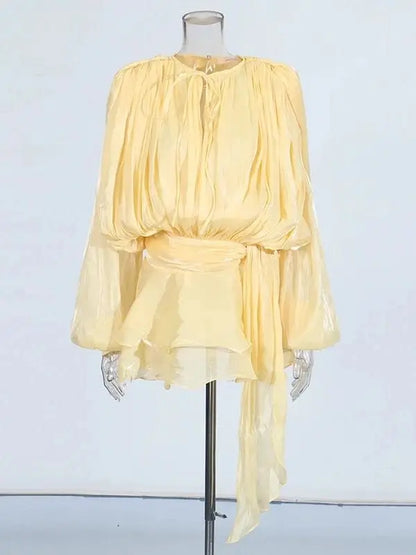 Women’s V-Neck Lace-Up Mini Dress – Long Sleeve Sweet Style Fashion Dress