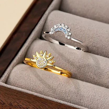 925 Silver Sun and Moon Couple Rings – Sky Blue Cubic Zirconia Matching Promise Rings for Couples, Fine Jewelry Gift Women’s