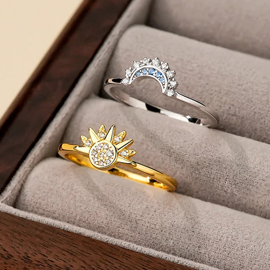 925 Silver Sun and Moon Couple Rings – Sky Blue Cubic Zirconia Matching Promise Rings for Couples, Fine Jewelry Gift Women’s